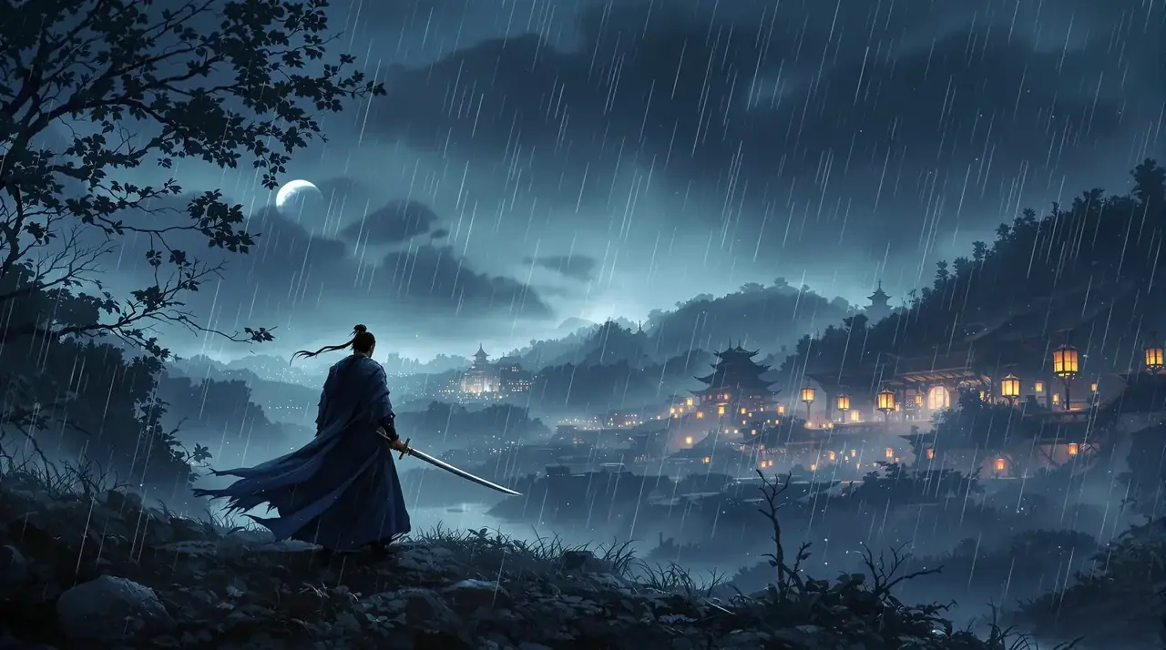 江湖夜雨十年灯 水墨卷轴横幅
